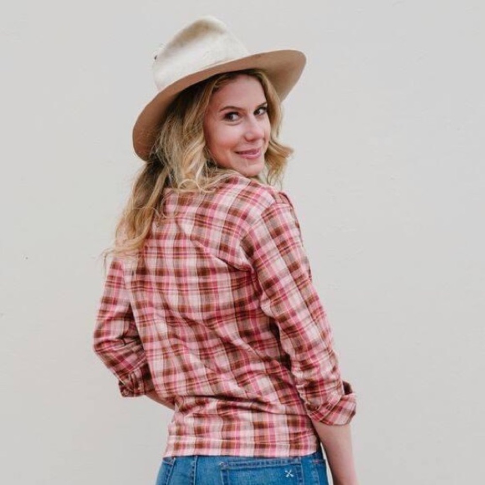 Made in America Plaid Button Up Cotton Linen Blend Shirt